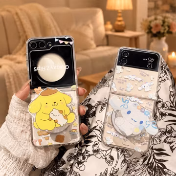 Magnetic Stand Cute Cinnamoroll PomPomPurin Phone Case for Samsung Galaxy Z Flip 8 7 6 5 4 3, Clear Cartoon Cover with Strap