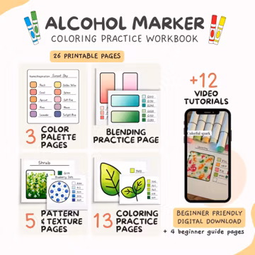 Alcohol Marker Coloring Workbook: 26 Printable Swatch, Blending & Pattern Practice Pages with Video Tutorials (PDF Only)