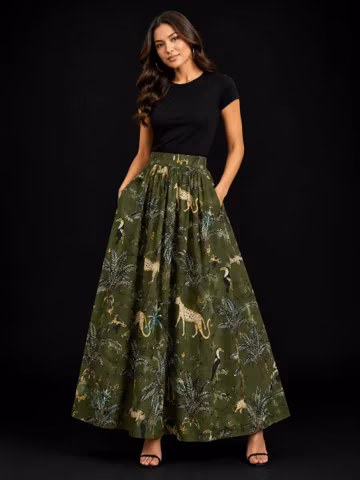 Green Safari Print Cotton Maxi Skirt | Jungle Animals, Pockets, Boho Style