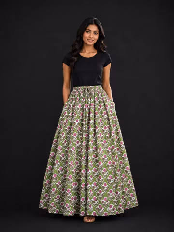 Handmade Indian Block Print Maxi Skirt | Green Floral Cotton Boho Cottagecore Long Skirt