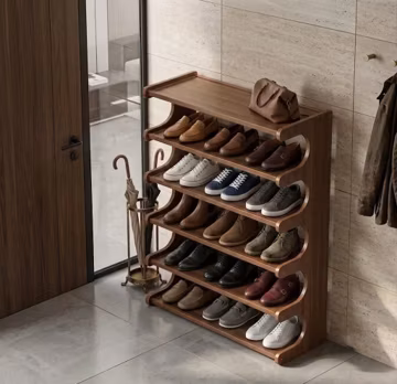 Walnut Wood Shoe Rack Entryway Organizer, 6 Tier Modern Hallway Bench Shelf
