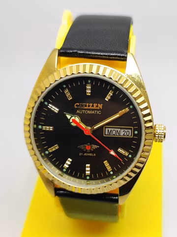 Vintage Citizen Automatic Watch: Gold Plated Case, 21 Jewels, Refurbished Men's Watch Black Dial Day-Date