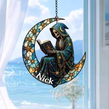 Personalized Grim Reaper Moon Acrylic Suncatcher, Skeleton Moon Window Hanging, Gothic Halloween Decor, Custom Name Acrylic Ornament