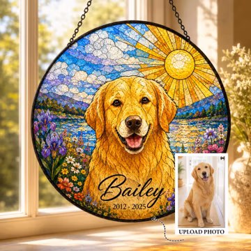 Custom Stained Glass Pet Portrait Suncatcher, Dog or Cat from Photo, Personalized Name & Years, Sunray Mosaic Memorial Window Gift