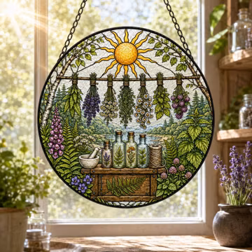 Botanical Suncatcher, Dried Herb Stained Glass Window Hanging, Herbalist Housewarming Gift, Cottagecore Kitchen Decor