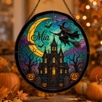 Personalized Halloween Suncatcher, Witch Window Hanging Decor, Haunted House Gift, Spooky Season