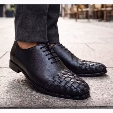 Handmade Black Woven Leather Oxford Shoes Men Formal Dress Wedding Office Footwear