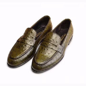 Olive Green Ostrich Leather Penny Loafers Handmade Men's Luxury Slip On Dress Shoes
