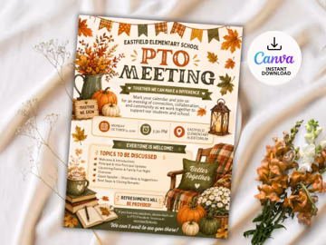 Fall PTA Meeting Flyer Printable PTO Fall Meeting Flyer editable template pta Autumn Meeting flyer pta sign September meeting flyer pto sign
