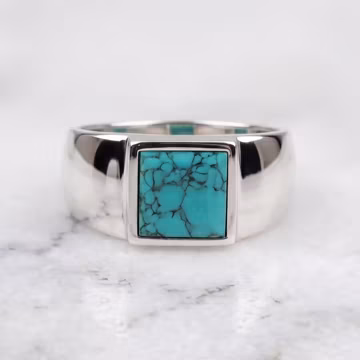 925 Sterling Silver Square Turquoise Signet Ring, Natural Blue Gemstone Men's