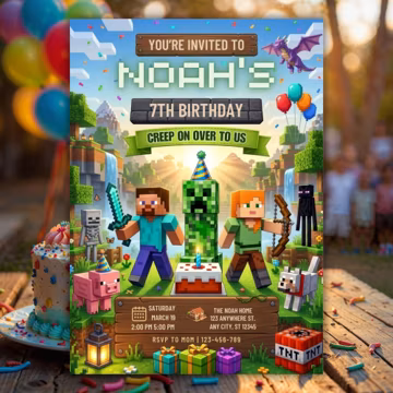 MineCraffterr Boys Birthday,Pixel Block Birthday Party Invitation Template, Gamer Invitation, High Quality Canva TemplateInvite