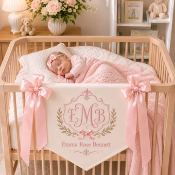 Embroidered Baby Name Banner, Personalized Monogram Nursery Pennant, Satin Ribbon Crib Decor