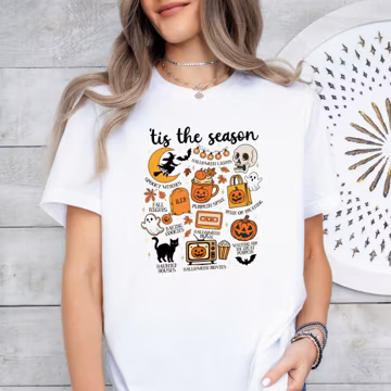 Tis the Season Halloween T-Shirt, Spooky Icons Collage Tee – Fun Fall Graphic Shirt for Women
