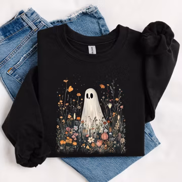 Wildflower Meadow Ghost T-Shirt, Botanical Halloween Tee – Cottagecore Spooky Shirt for Women