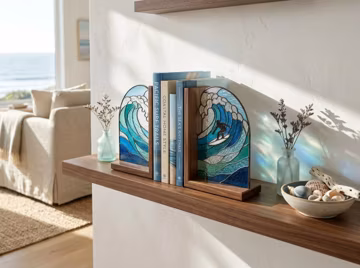 Ocean Surf Stained Glass Bookends, Coastal Wave Book Holder, Wooden Base Glass Bookends, Beach House Decor, Surfer Gift