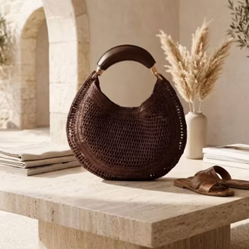 Handmade Woven Brown Raffia Hobo Bag Crescent Straw Shoulder Purse With Leather Handle