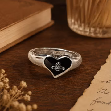 925Silver Vintage Heart Ring, Gothic Black Enamel Ring, Adjustable Y2K Punk Jewelry, Unisex Statement Ring, Minimalist Couple Gift,