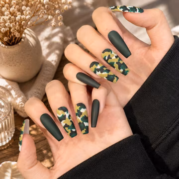 Military Camouflage Press On Nails, Matte Green Coffin Nails, Army Camo Fake Nails, Reusable Press On Nail Set, Long Military Style Nails