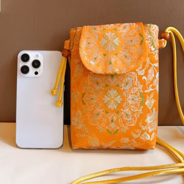 Song Brocade Phone Bag, Embroidered Silk Jacquard Pouch, Adjustable Strap, Hanfu Accessory