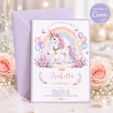 Unicorn Rainbow Birthday Invitation Template Canva, Pastel Floral Girl Party Invite, Editable Printable 5x7, Instant Digital Download
