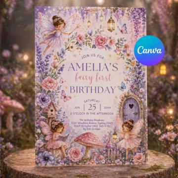 Fairy First Birthday Invitation Girl, Fairy 1st Birthday Invite, Girl 1st Birthday Invitation, Garden Fairy Birthday, Canva Template