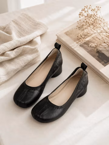 Split Toe Ballet Flats Women Leather Tabi Shoes Vintage Low Block Heel Mary Jane Style Soft Lambskin Comfort Shoes Wide Size Footwear