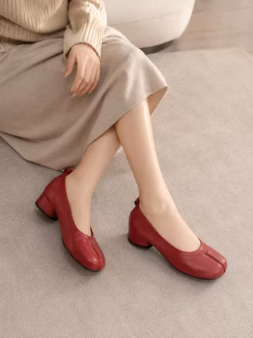 Split Toe Ballet Flats Women Leather Tabi Shoes Vintage Low Block Heel Mary Jane Style Soft Lambskin Comfort Shoes Wide Size Footwear