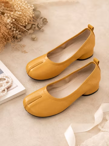 Women Split Toe Ballet Flats Genuine Sheepskin Leather Tabi Shoes Soft Sole Low Block Heel Slip On Grandma Shoes Comfortable Wide Size Flats