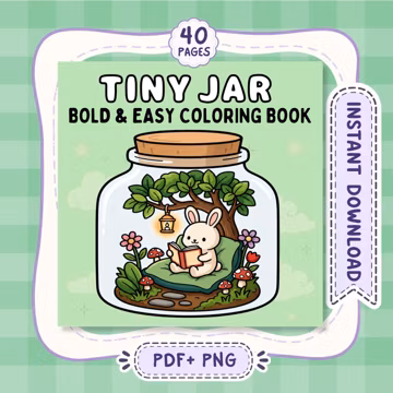Tiny Jar Coloring Book, 40 Bold & Easy Printable Pages, Tiny World PDF and PNG Digital Download