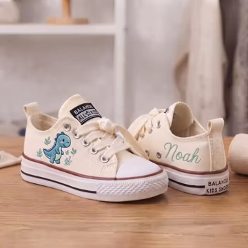 Personalized Dinosaur Kids Sneakers, Hand Embroidered Dino Shoes, Custom Name Canvas Shoes, Toddler Birthday Gift, Baby Boy Shoes