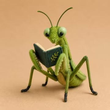 Praying Mantis Reading Book Needle Felt Sculpture, Handmade Wool Felt Insect Decor, Cute Book Lover Gift, Unique Desk Decoration