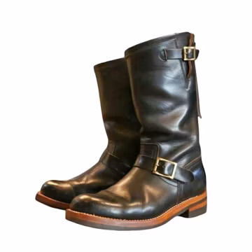 Handmade High Ankle Buckle Genuine Black Leather Engineer Boots For Men
