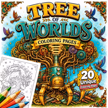 Tree of Worlds Coloring Book, 20 Fantasy Mandala Pages, Printable PDF Instant Download A4 US Letter