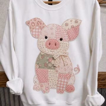 Patchwork Pig Shirt, Floral Farm Pig Tee, Cute Quilted Pig Sweatshirt, Faux Applique Farm Animal Shirt, Cottagecore Gift ERD-CJ440