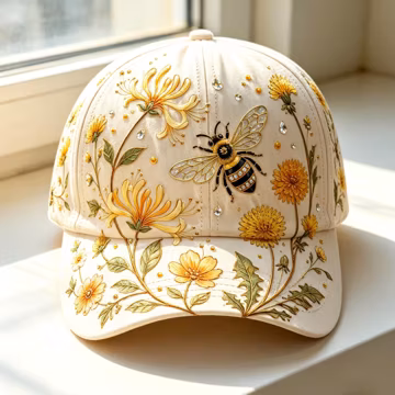 Embroidered HoneyBee Wildflower Baseball Cap,Nature Inspired Women Hat,Spring Outdoor Garden Accessory,Cottagecore Hat,Gift for Nature Lover