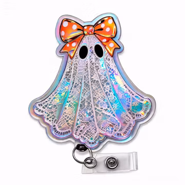 Holographic Cute Ghost Xray Badge Reel - Spooky Season ID Clip Halloween Gifts, Acrylic Fall Work Accessory