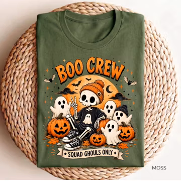 Boo Crew Squad Ghouls Shirt, Halloween Pumpkin T-Shirt, Estetik Skeleton Tee, Fall Holiday Gift, Spooky Party Apparel