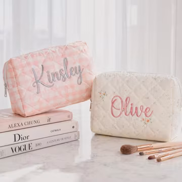 Floral Embroidered Custom Name Makeup Bag, Compact Travel Toiletry Pouch for Her, Classic Custom Gift for Bridal Squad Members