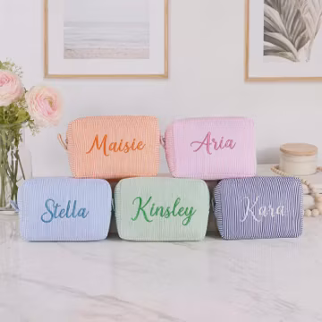 Custom Monogram Seersucker Makeup Pouch, Portable Travel Toiletry Bag, Thoughtful Wedding Bridesmaid Favor and Cute Graduation Gift