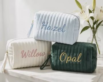 Custom Name Embroidered Velvet Toiletry Bag, Portable Travel Makeup Pouch, Heartfelt Wedding Gift for Your Bridal Squad
