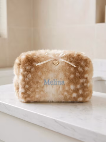 Personalized Plush Makeup Bag, Custom Name Deer Cosmetic Pouch, Winter Faux Fur Toiletry Bag, Cute Travel Makeup Case Gift for Her