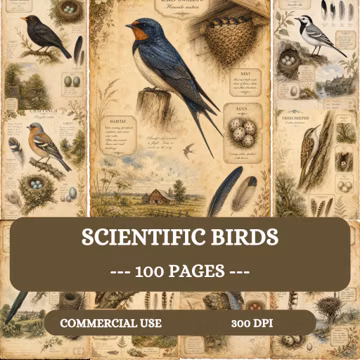 Scientific Bird Journal Pages, Ornithology Printable Kit, 100 A4 JPG Papers, Vintage Bird Field Guide, Watercolour Bird Ephemera, Scrapbook