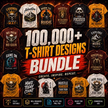 100,000+ T-Shirt Design Bundle | Graphic Tees, Vintage, Trendy, Pop Culture, Print-on-Demand, Editable Digital Download
