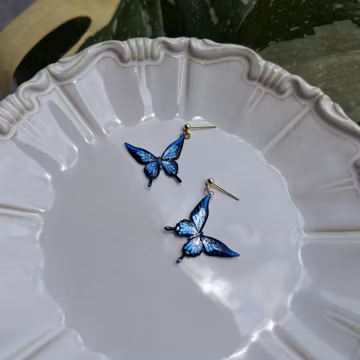 Iridescent Blue Morpho Butterfly Drop Earrings, Handmade Shimmer Resin Dangle Studs, Fairycore Whimsical Jewelry Gift For Her