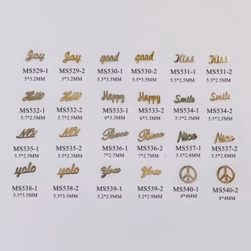 100pcs/bag Silver and Gold non-adhesive Soft Metal Slices English Words Peace Good Happy Shape Nail Art Decoration M39