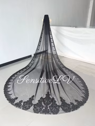 Embroidered Flower Bridal Veil, Gothic Black Tulle Cathedral Wedding Veil, Handmade Sequined Floral veil, Custom Veil