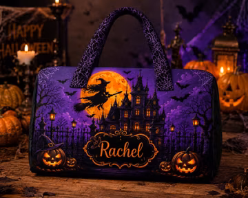 Personalized Halloween Weekender Bag, Custom Name Witch Travel Duffel, Haunted House Pumpkin Overnight Bag, Spooky Gift For Her