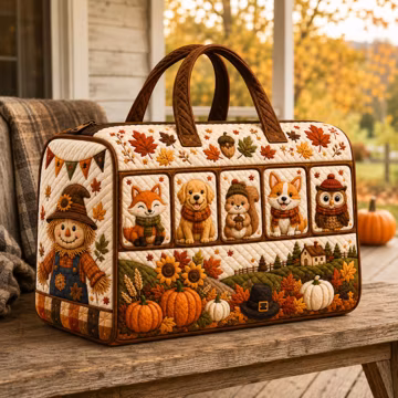 Autumn Woodland Animals Quilted Travel Bag, Cute Fox Dog Squirrel Corgi Owl Weekender, Fall Pumpkin Overnight Duffel