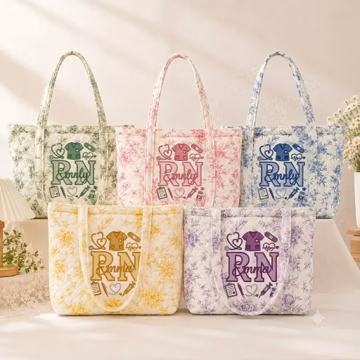 Custom Nurse Tote Bag, Personalized RN Tote, Quilted Floral Tote in 5 Colors, Nurse Gift, Medical Bag, Gift for Nurse