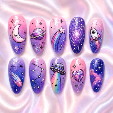 Galaxy Press On Nails, Pink Purple Celestial Nail Set, Moon Star UFO Nail Art, Glitter Space Nails, Long Almond Fake Nails
